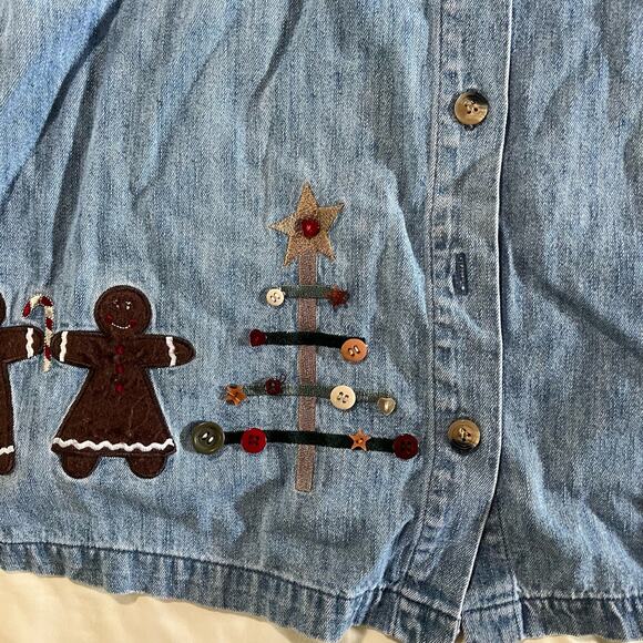 Vtg Y2K 2000s Plus Size Christmas Holiday Denim Shirt Wmns 1X Granny Cottagecore - Picture 5 of 12